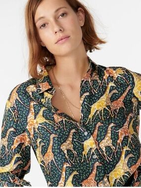 J Crew Collection Giraffe Print Button-Up Blouse in Navy and Mustard